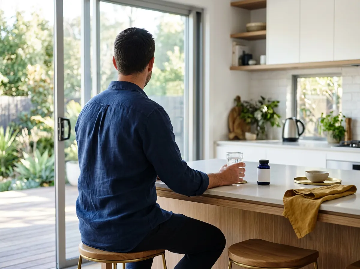 Anonymous man starting a morning wellness routine with a supplement and glass of water