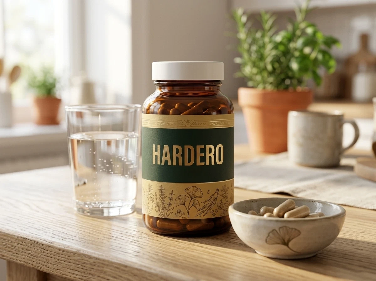 Hardero Prostate Wellness Formula supplement bottle with capsules and glass of water on a wooden table